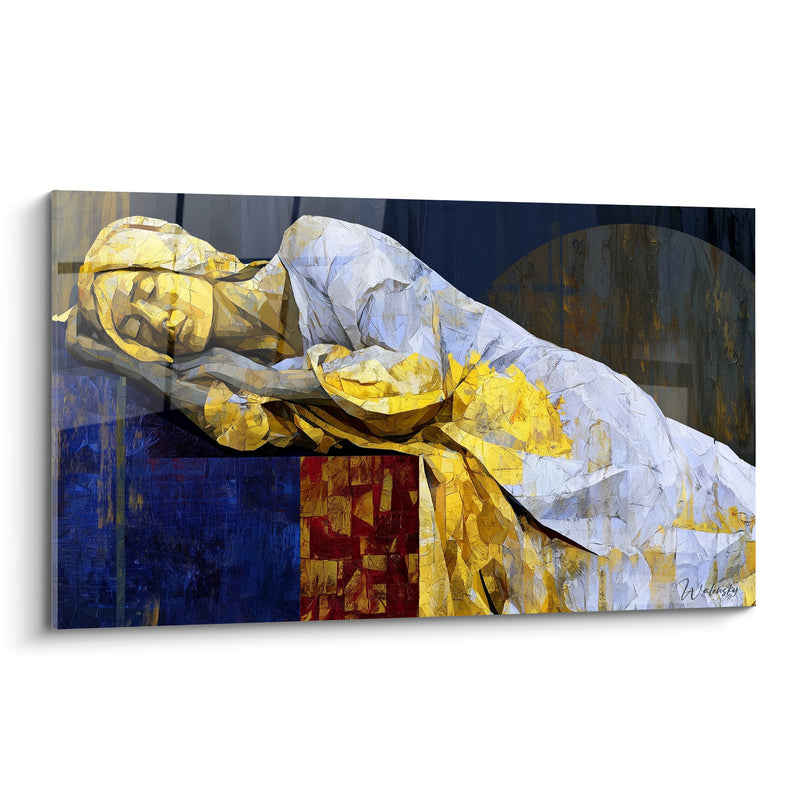 Tableau Silhouette allongée aux draps dorés et bleus - Repos sacré - Edition Corps abstrait