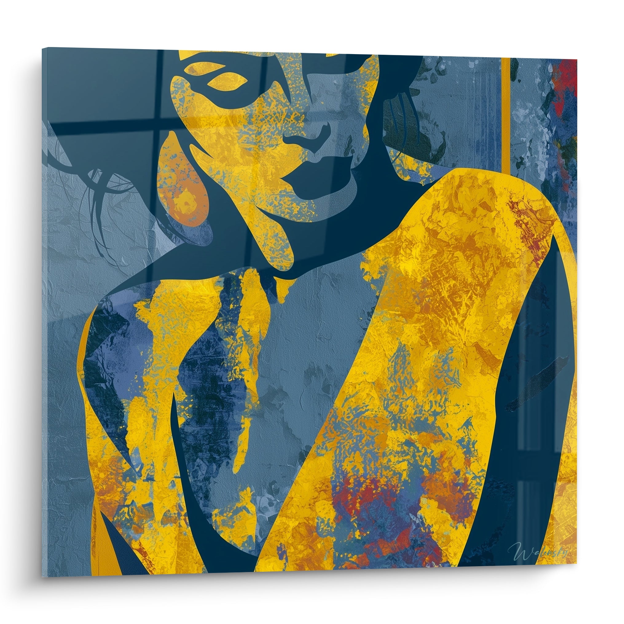 Silhouette dorée et bleu marine, buste féminin texturé, tableau Corps abstrait au style graphique urbain