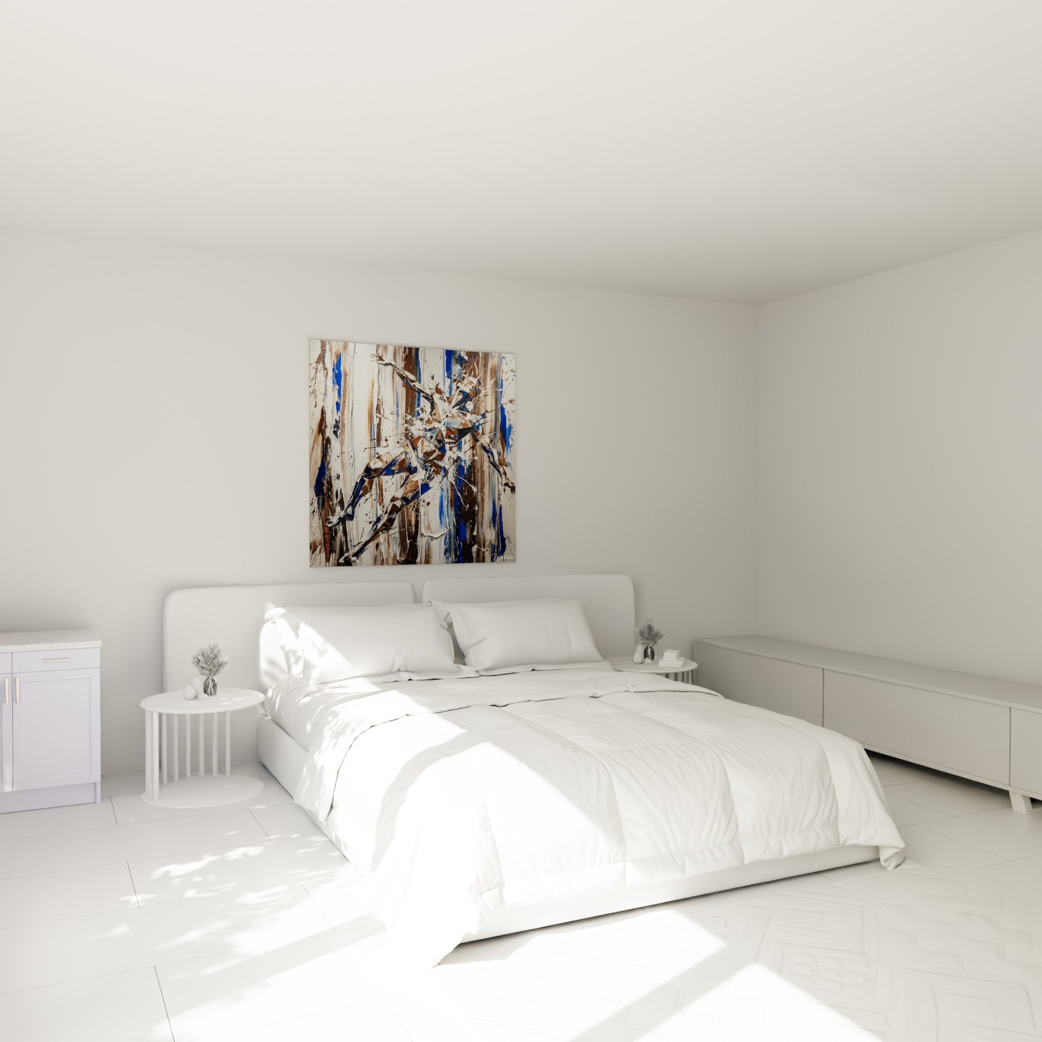 Silhouette éclatée bleu marine et bronze au-dessus d'un lit dans une chambre claire