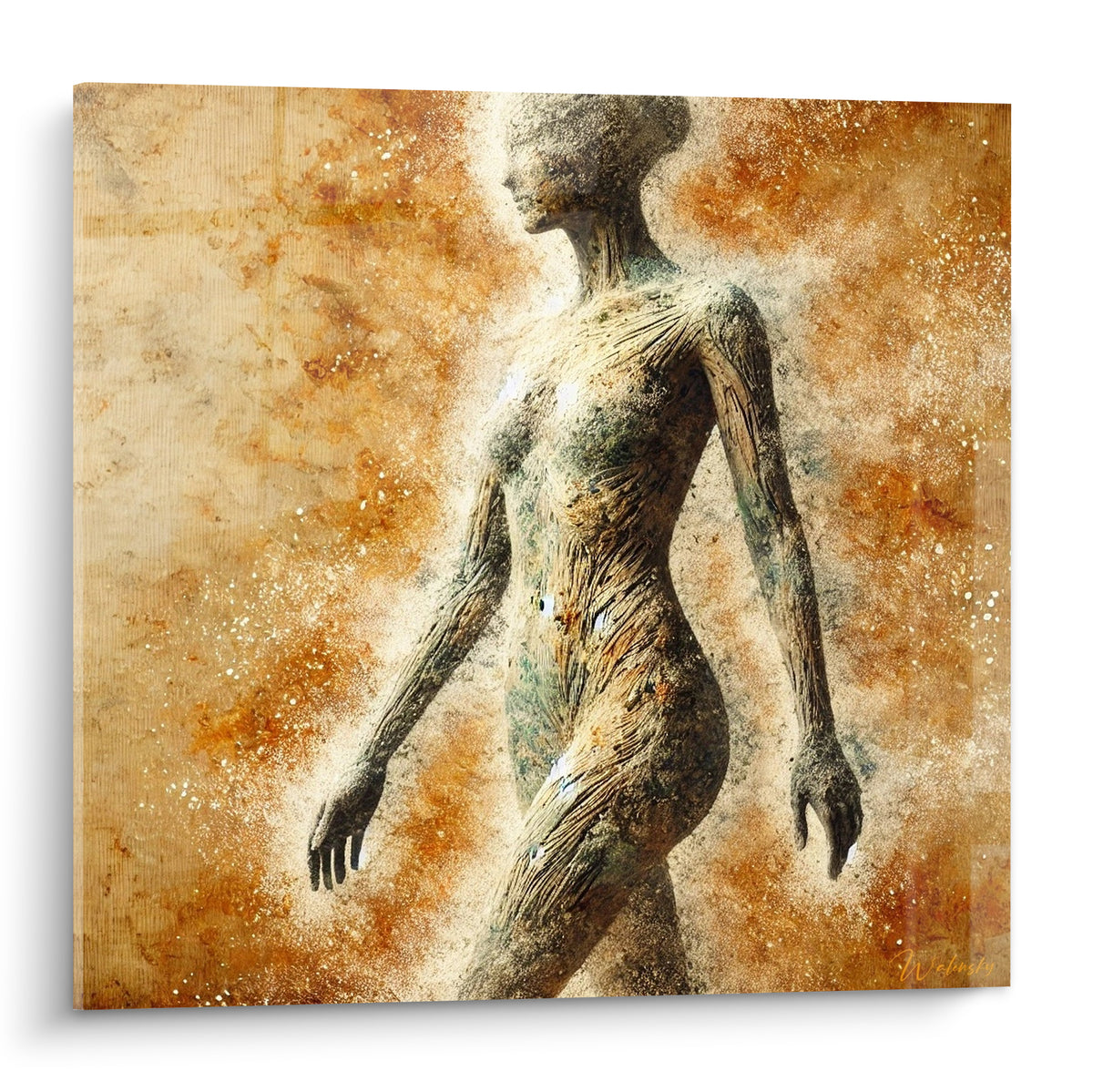 Silhouette fibreuse ocre et brune en marche, texture granuleuse sur fond terracotta et anthracite
