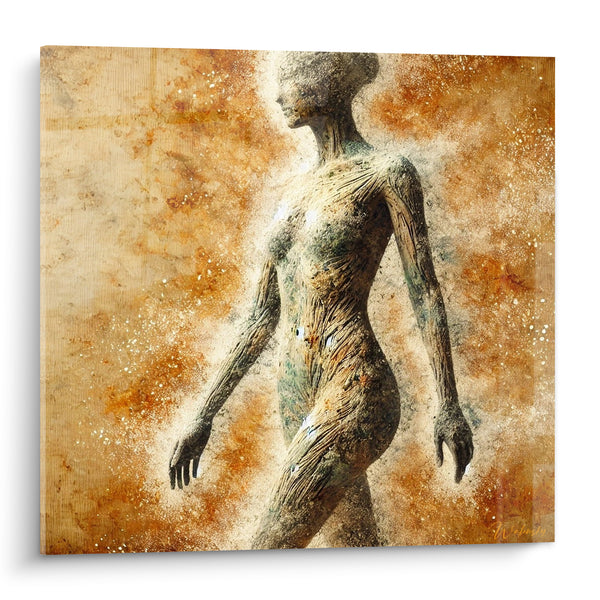 Tableau Silhouette texturée aux fibres ocre et brunes - Métamorphose en poussière - Edition Corps abstrait