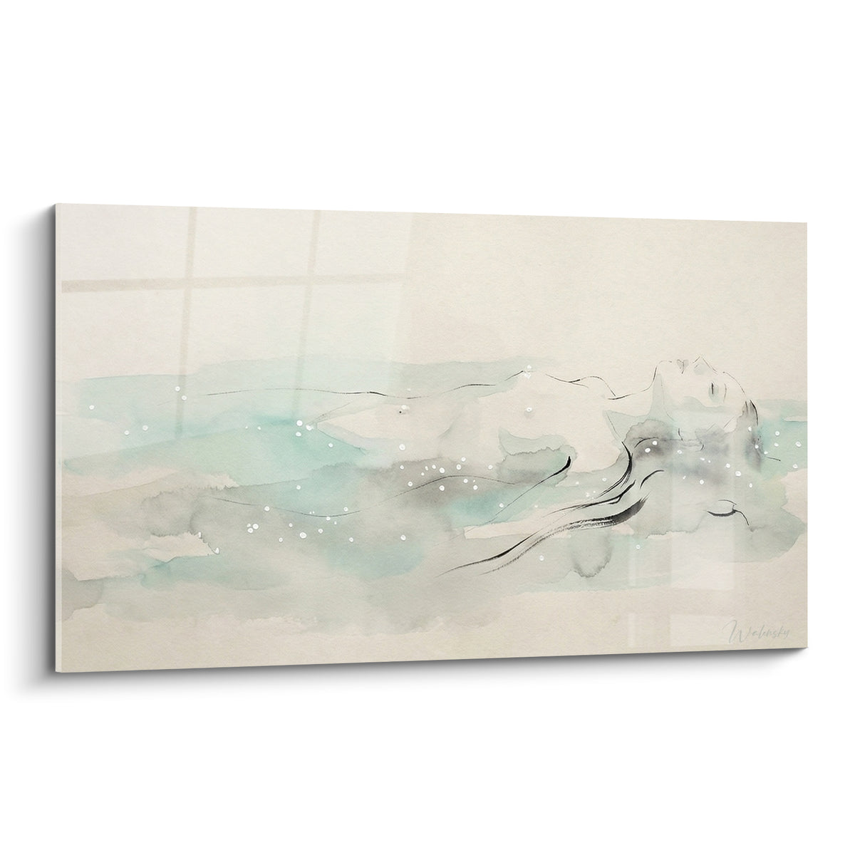 Silhouette flottante en aquarelle, tableau corps abstrait aux tons vert d'eau et ivoire délavés