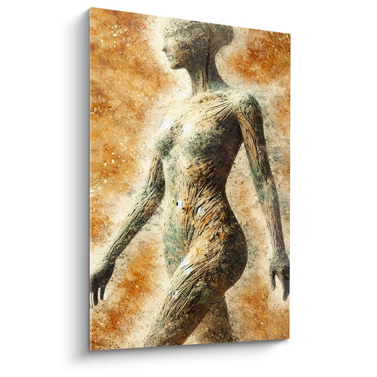 Silhouette féminine ocre et brun texturée, corps sculptural sur fond terracotta granuleux