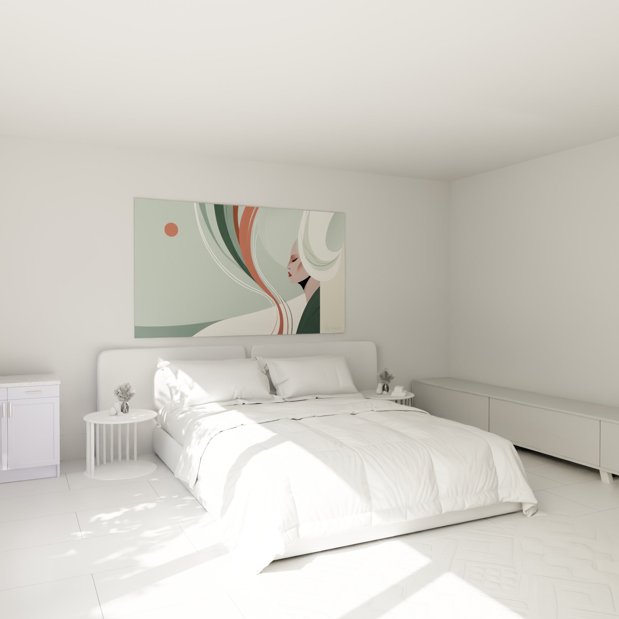 Silhouette vert sauge aux mèches terracotta ondulées, au-dessus d'un lit dans une chambre claire