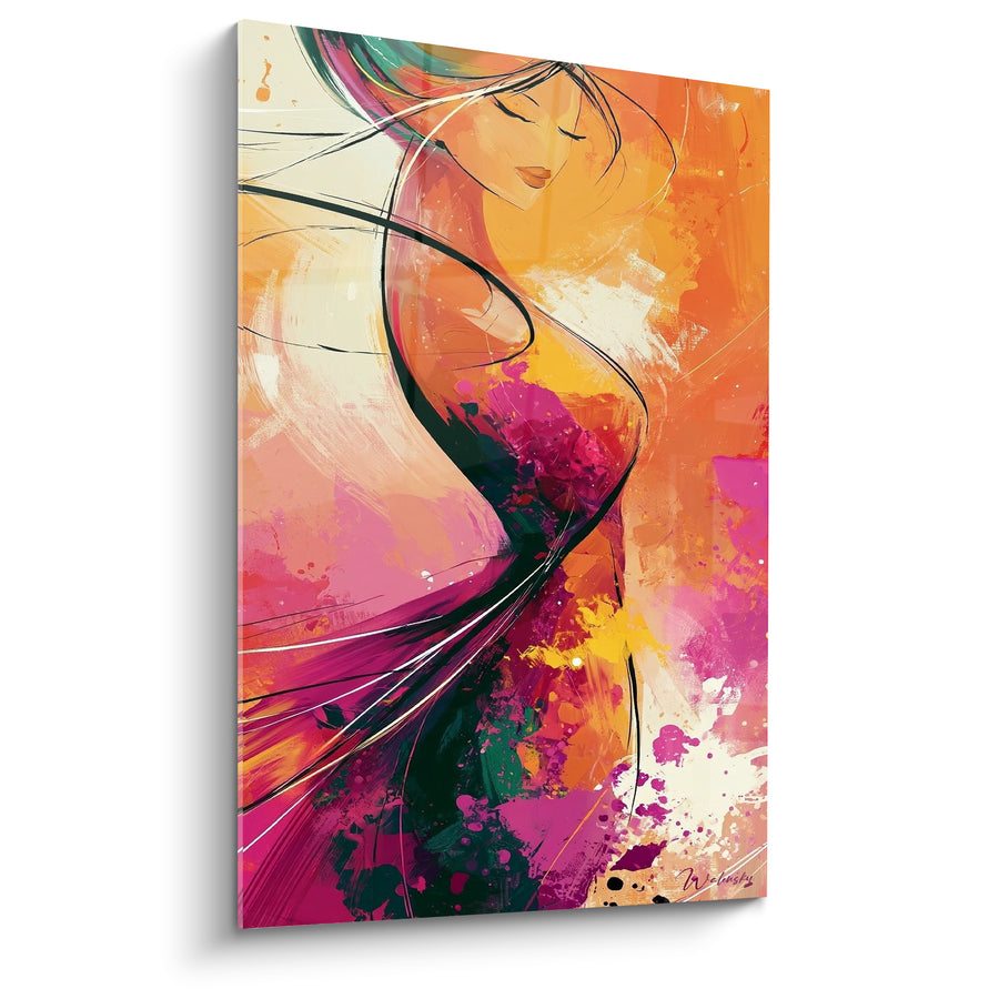 Tableau Silhouette féminine orange et magenta ligne fluide - Élan du souffle - Edition Corps abstrait