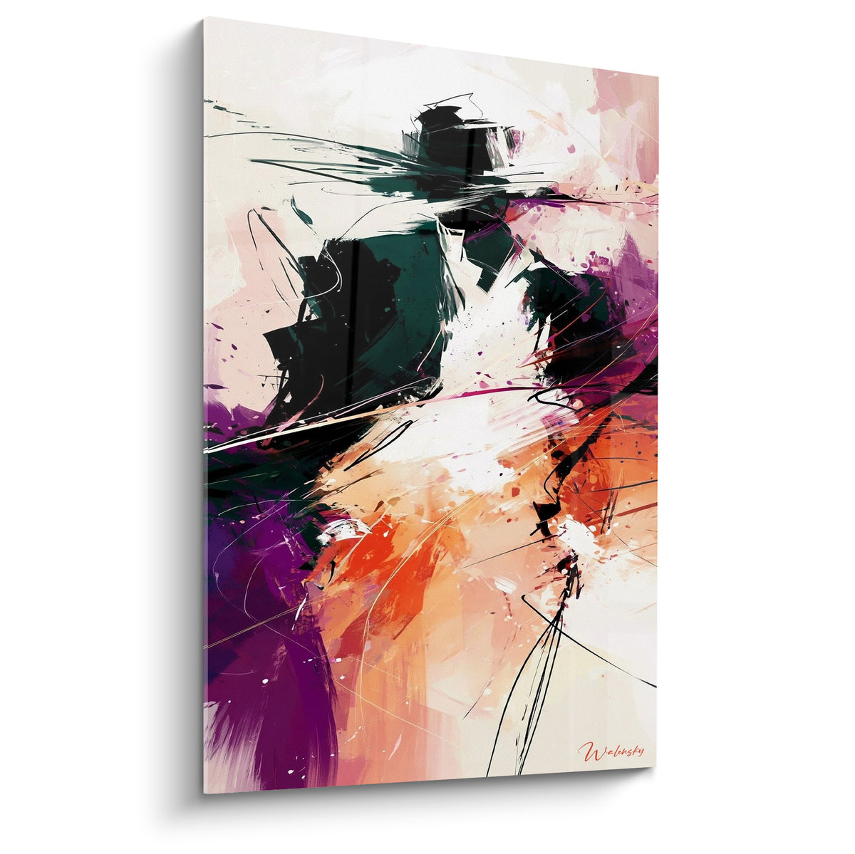 Corps abstrait en mouvement, silhouette vert sombre et pourpre traversée de traits noirs vifs