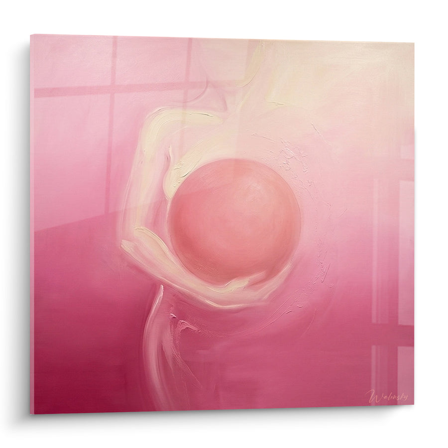 Tableau Silhouette rose enlaçant une sphère nacrée - Étreinte protectrice - Edition corps abstrait