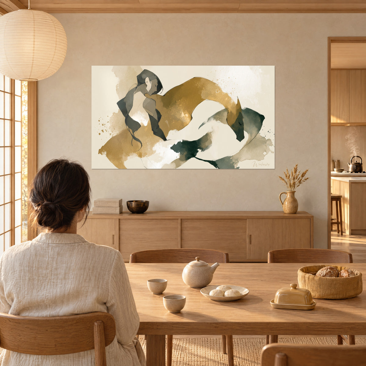 Wall art young woman with eyes closed, dark braid, ochre and deep black ripples, facing a wooden dining table, two tea cups