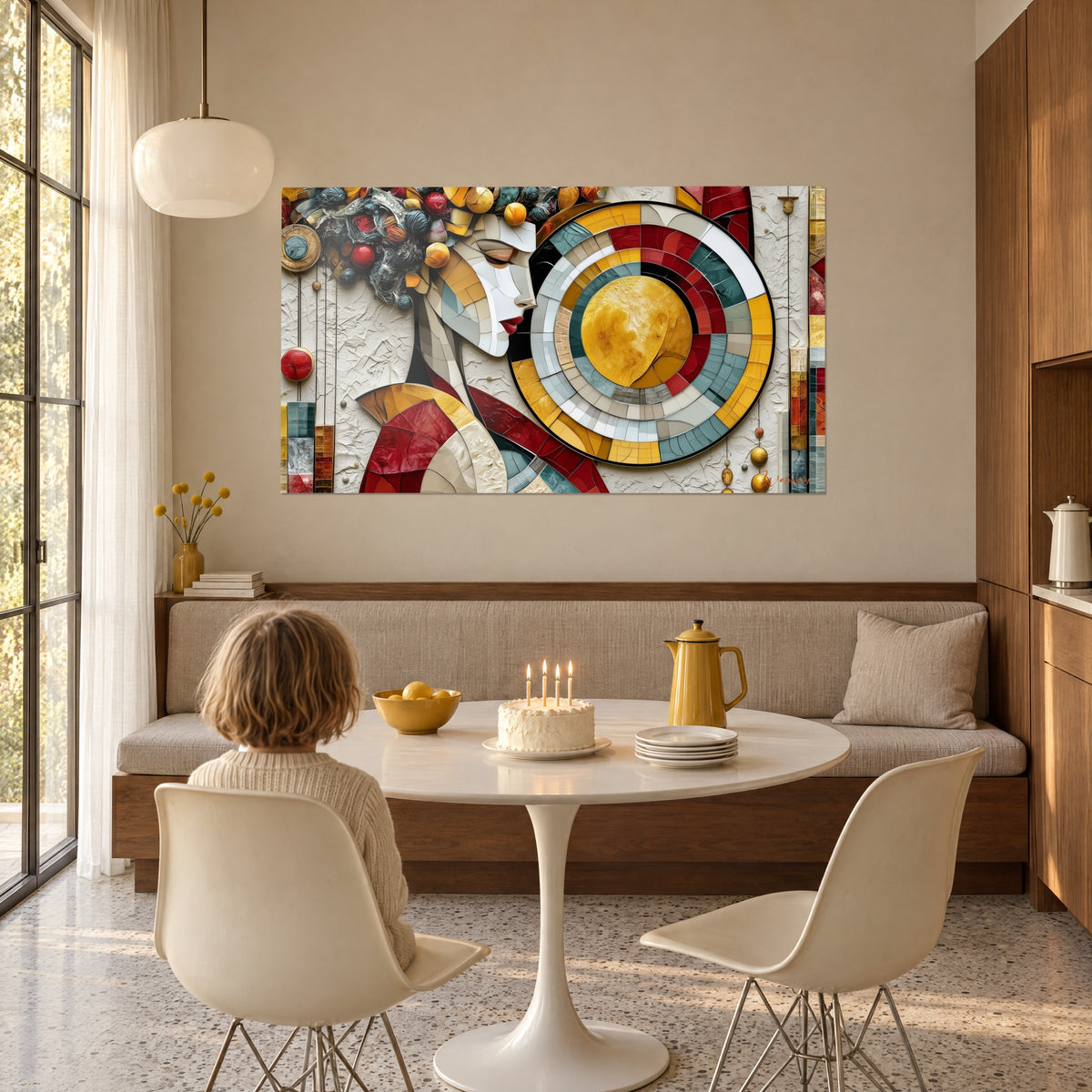 Schilderij gestileerde figuur met rode lippen, grote cirkel van oker- en groenblauwe tesserae, een kind van achteren voor een taart