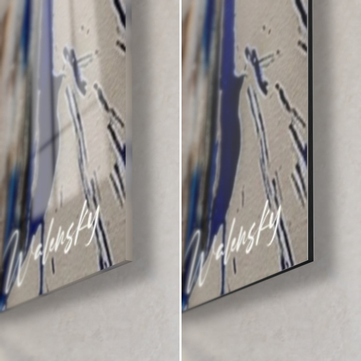 Wall art fragmented body, bottom right corner: glossy acrylic glass on the left, matte grey Dibond on the right, black edge