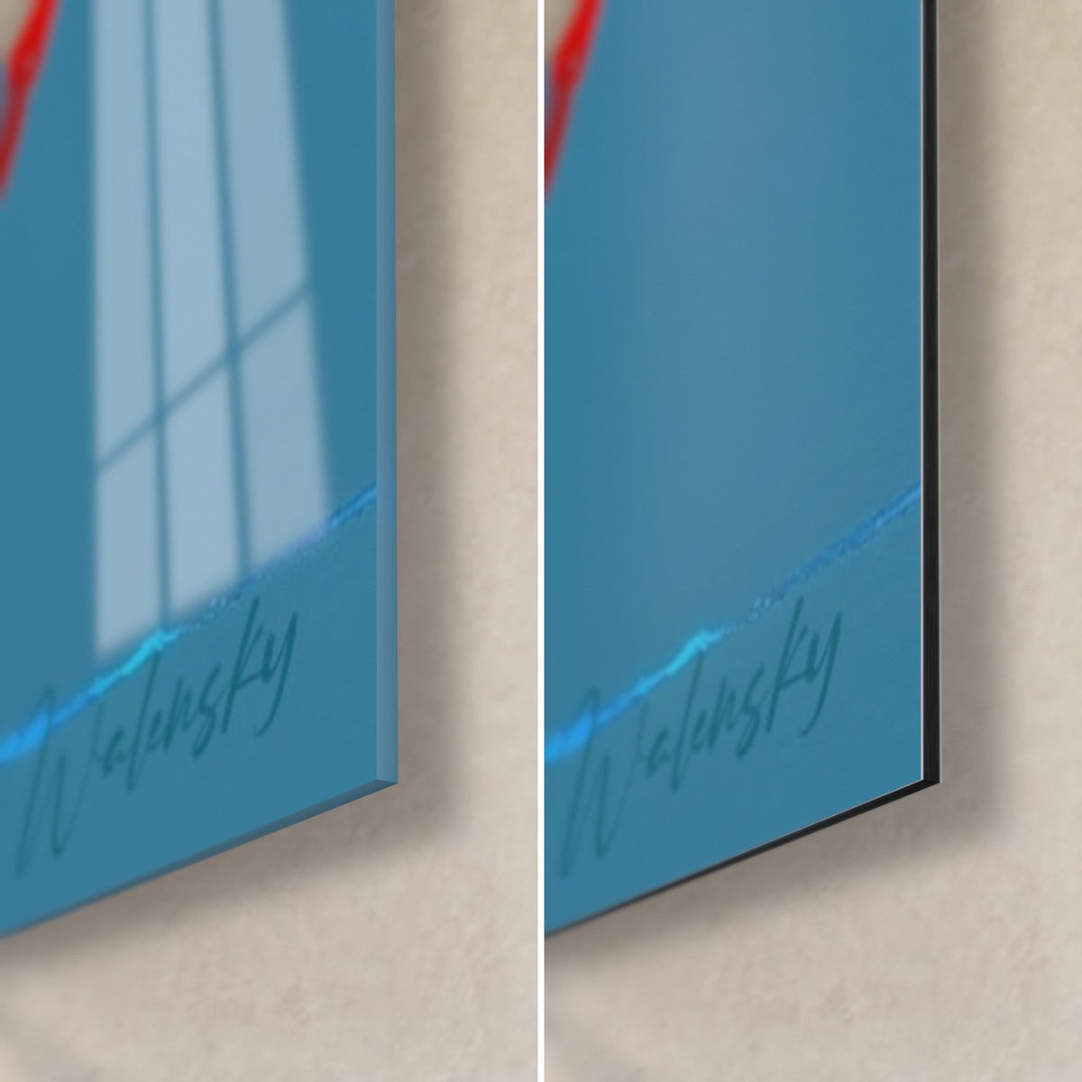 Tableau figure bleue abstraite, coin bas droit en verre brillant et alu Dibond noir mat, tranche de 3 mm, signature Walensky