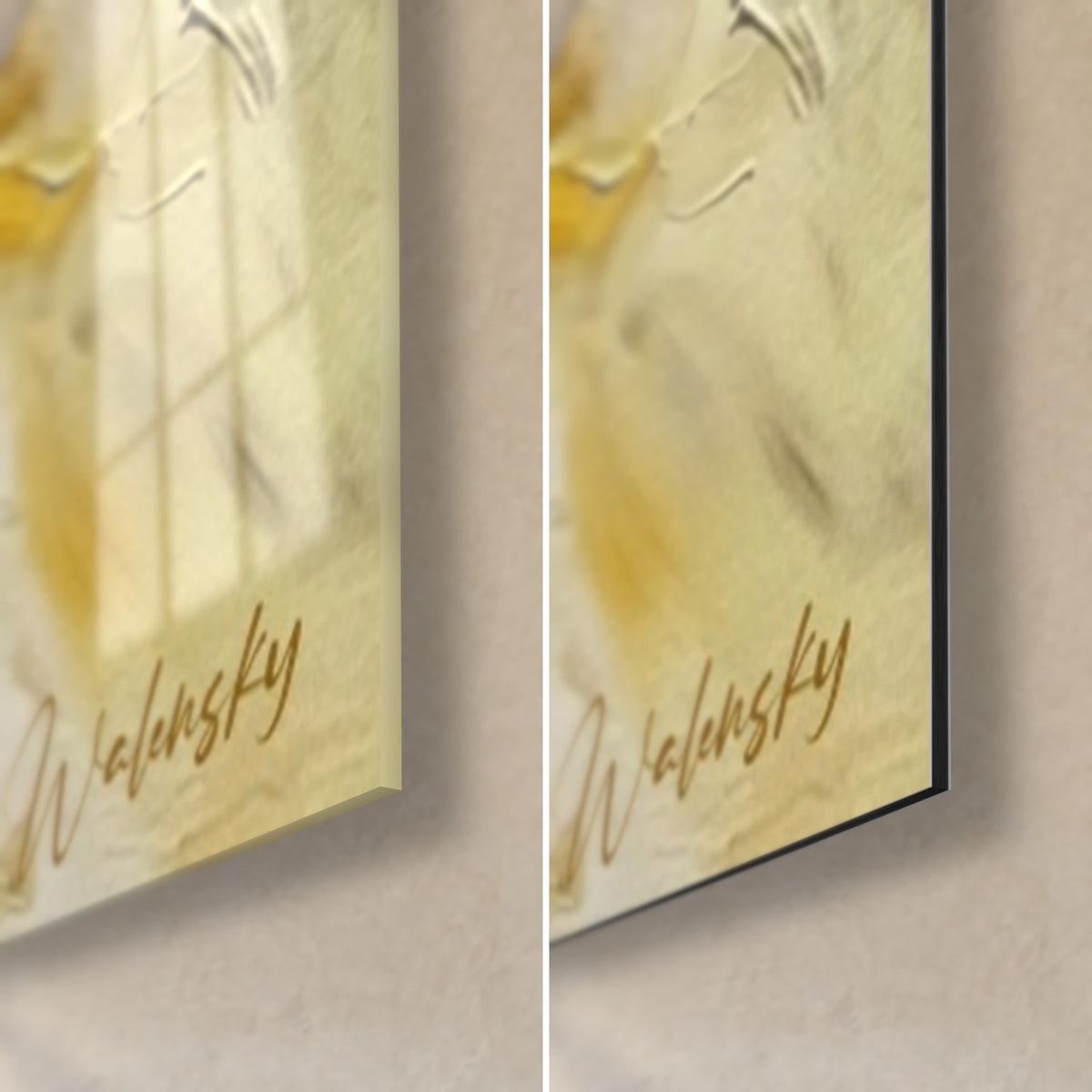 Gemälde eines goldenen Hauchs mit ockerfarbenen und elfenbeinernen Reliefs, untere rechte Ecke: glänzendes Acrylglas links, matte Dibond-Alu rechts