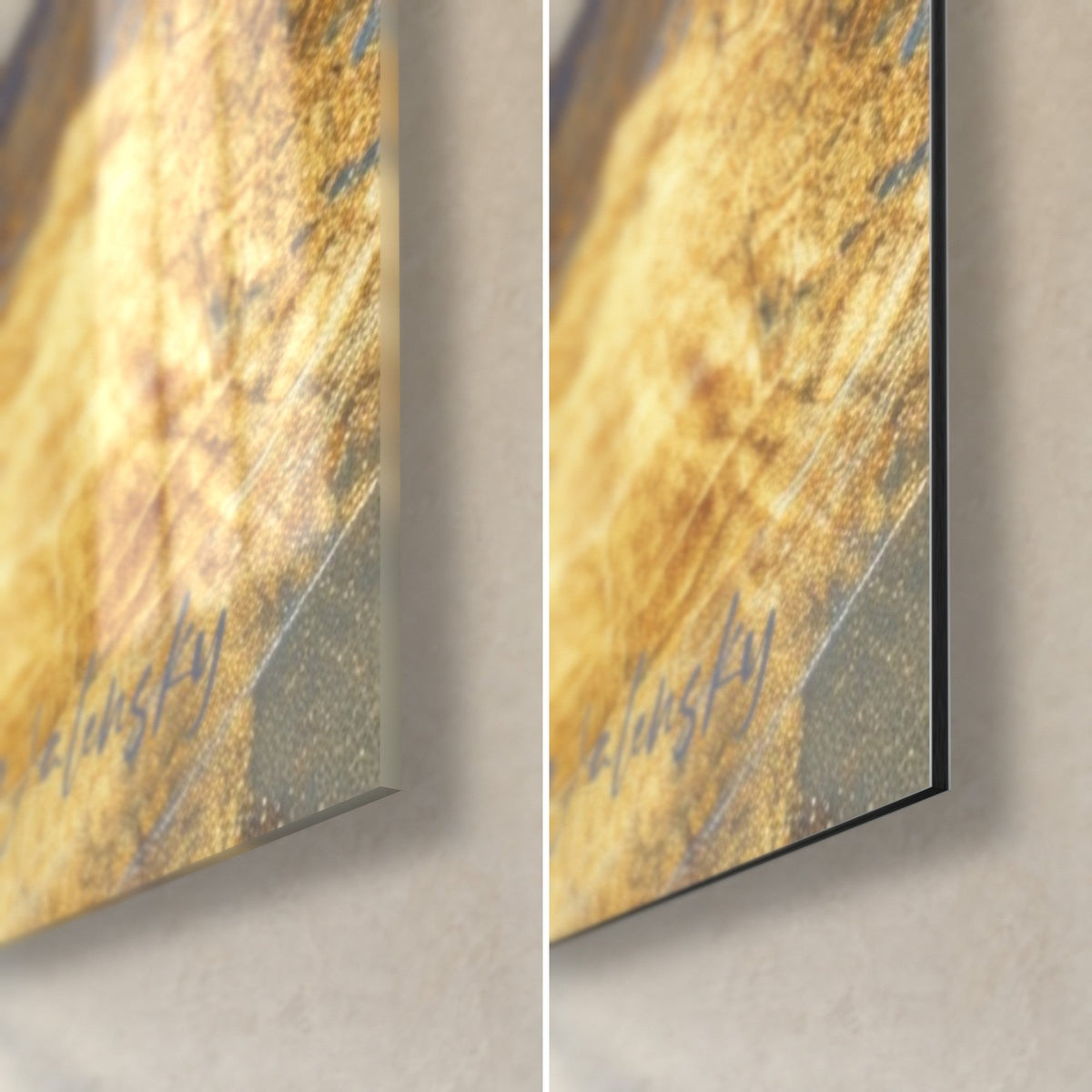 Gemälde goldene Silhouette, untere rechte Ecke: glänzendes Acrylglas mit goldenen Reflexen, 3 mm Kante und mattschwarzes Dibond-Aluminium