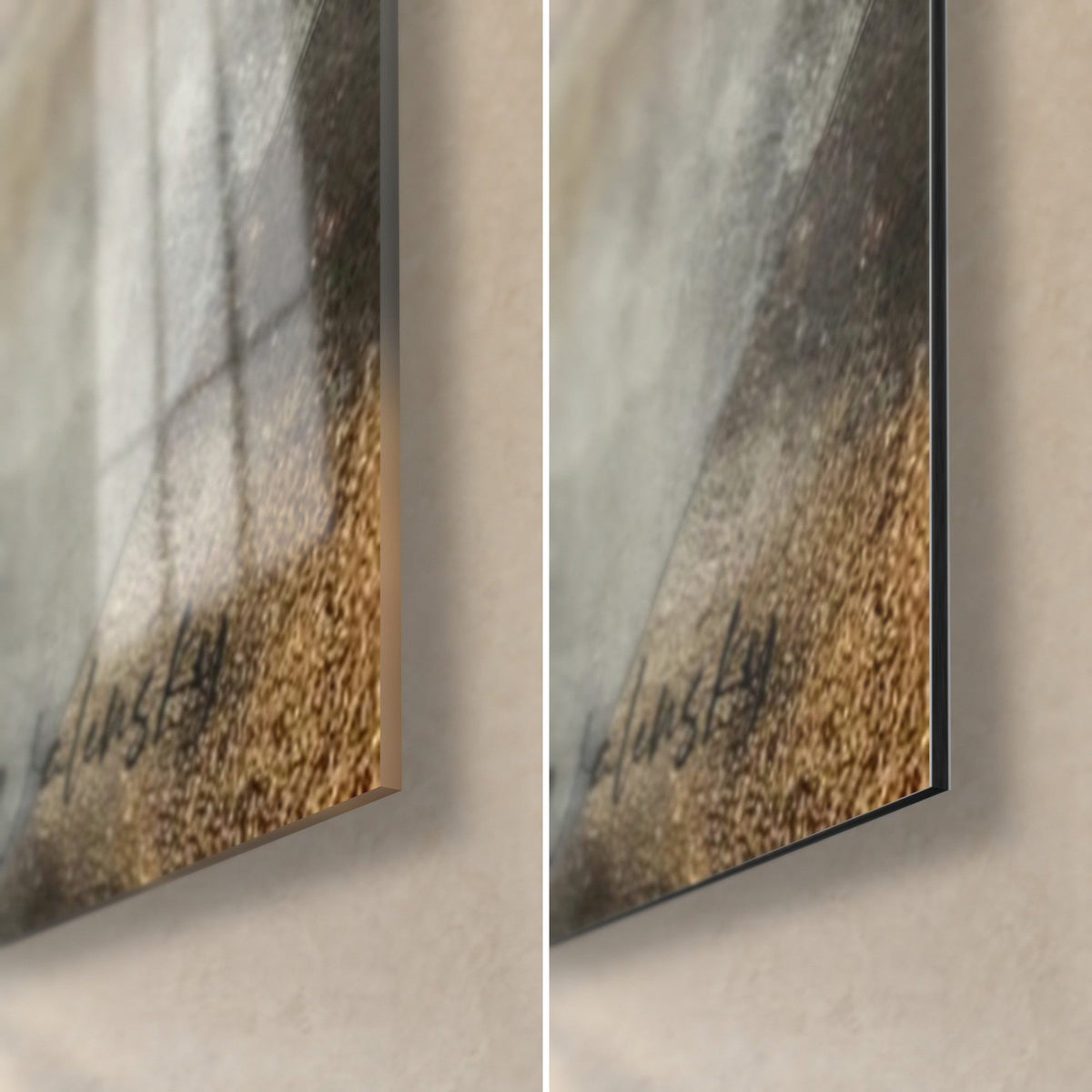 Cuadro cuerpo estilizado en gris y oro, esquina inferior derecha: cristal acrílico brillante con reflejos, Dibond aluminio mate, canto de 3 mm
