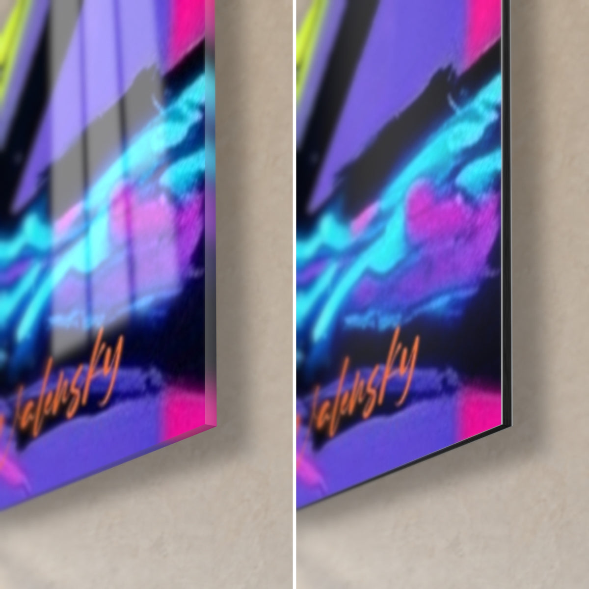 Tableau silhouette néon bleu et rose, coin bas droit : signature orange sur fond violet, verre brillant à gauche, Dibond mat à droite