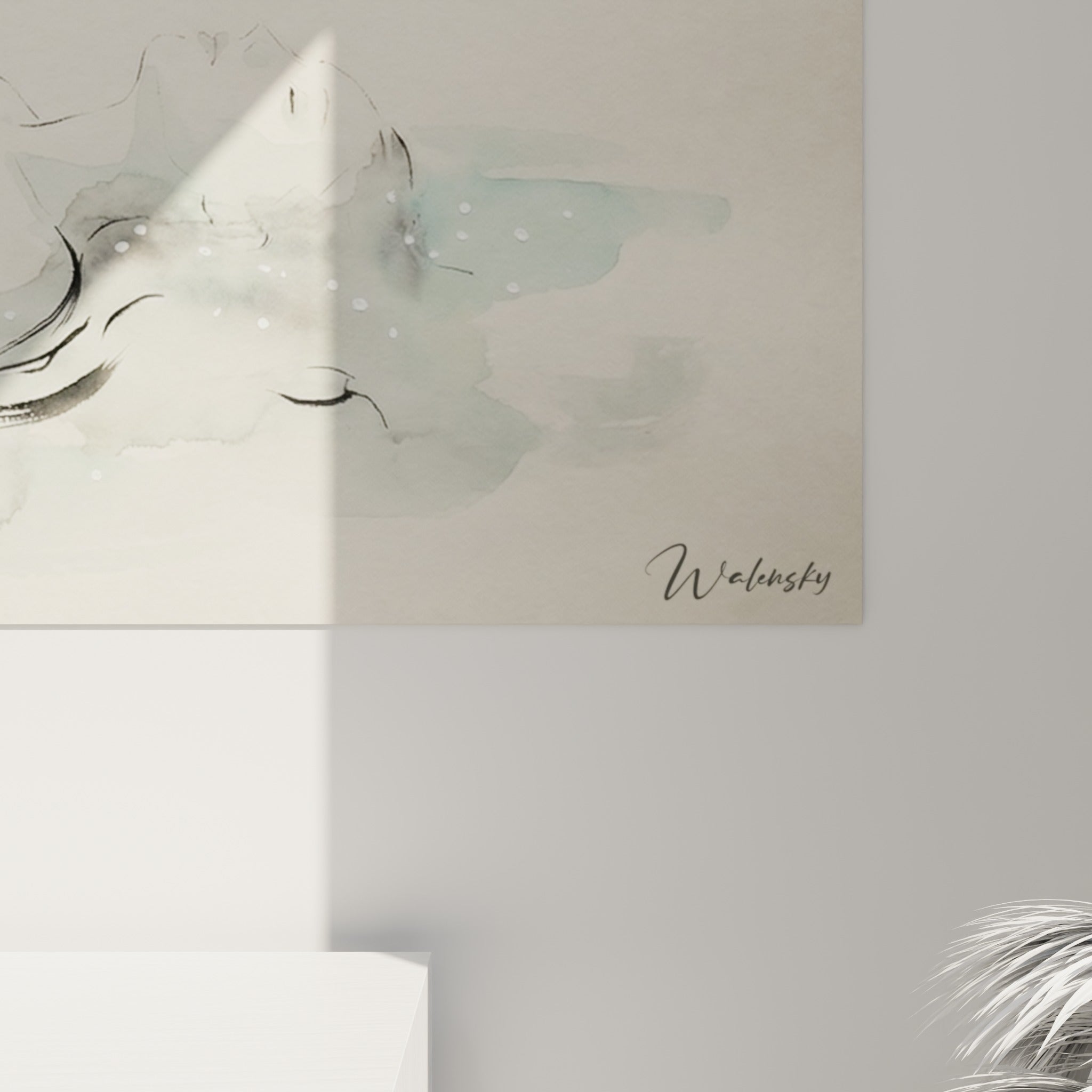 Détail du grain aquarelle sur ce corps abstrait, éclaboussures blanches et coulures vert d'eau et anthracite