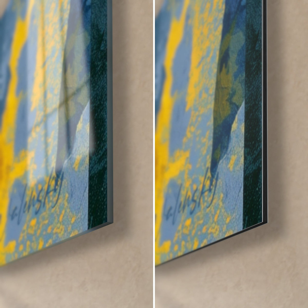 Gemälde Silhouette in Nachtblau und Senfgelb, untere rechte Ecke: glänzendes Acrylglas links, mattes Dibond rechts, 3 mm Kantenstärke