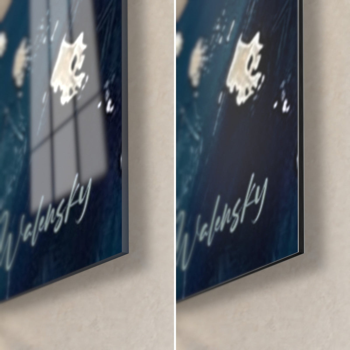 Wall art of a reclining nude in ivory impasto on navy blue, bottom right corner, 3 mm edge, glossy glass on the left and matte Dibond on the right