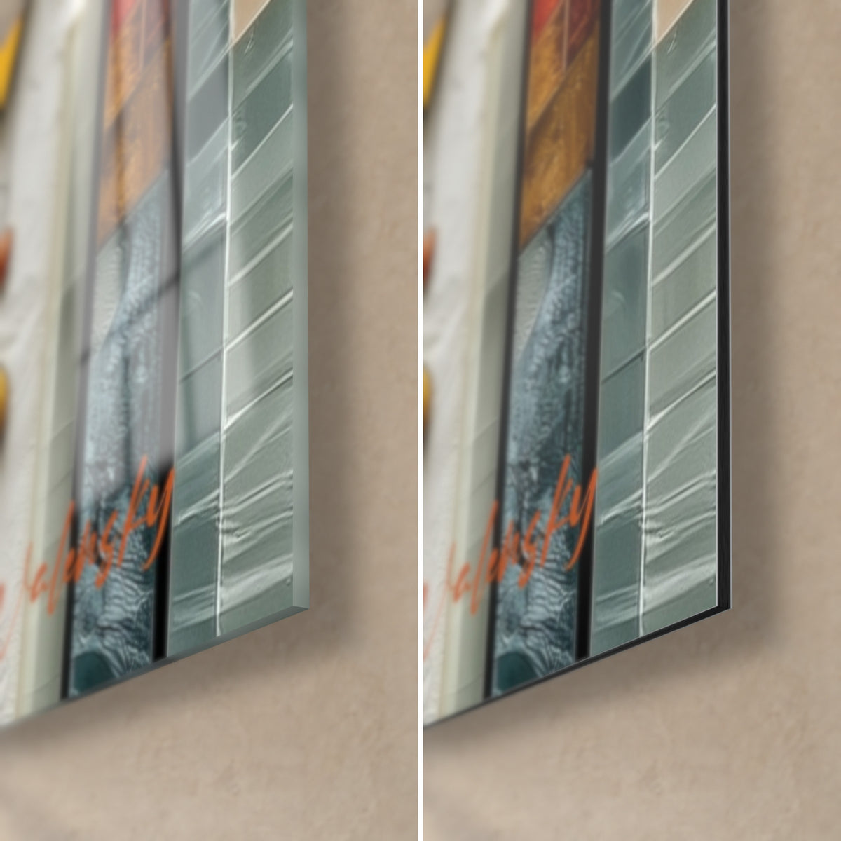 Schilderij mozaïekgezicht, rechtsonder: glanzend glas met reflecties links, mat zwart Dibond rechts, rand van 3 mm
