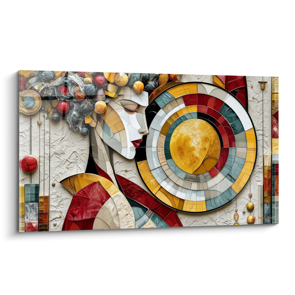 Cuadro Rostro geométrico con mosaicos dorados y rojos - Ritual solar - Edición Cuerpo abstracto