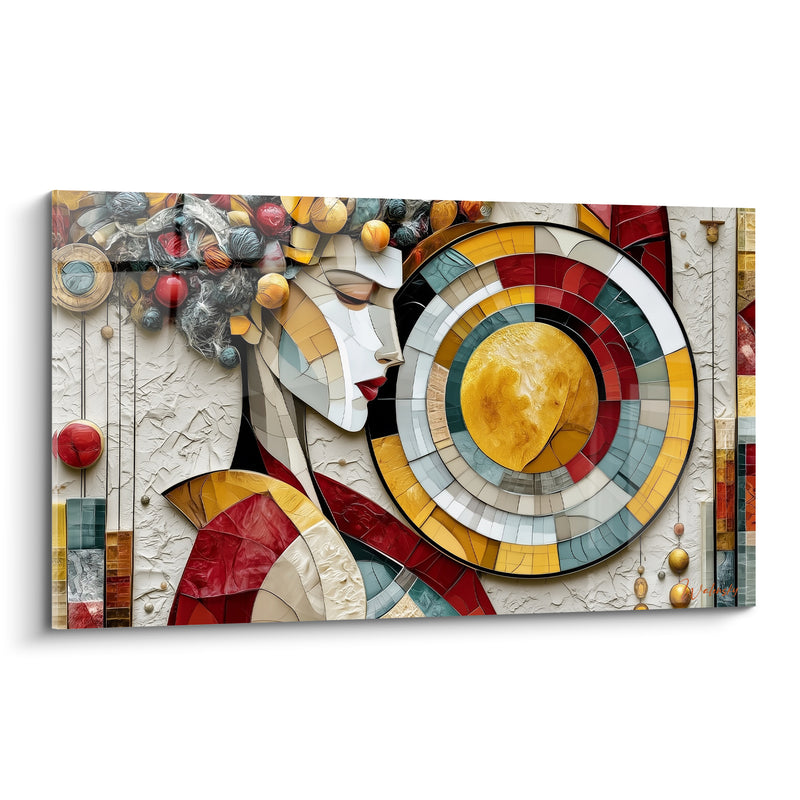 Tableau Visage géométrique aux mosaïques dorées et rouges - Rituel solaire - Edition Corps abstrait