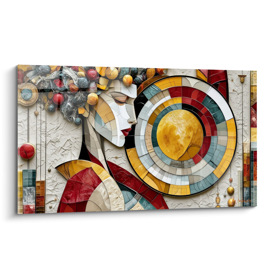 Tableau Visage géométrique aux mosaïques dorées et rouges - Rituel solaire - Edition Corps abstrait
