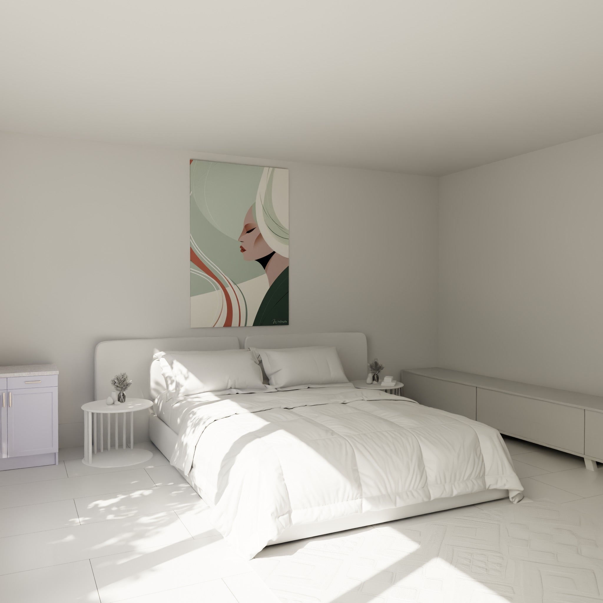Silhouette au voile crème et rubans terracotta, accrochée au-dessus d'un lit dans une chambre claire