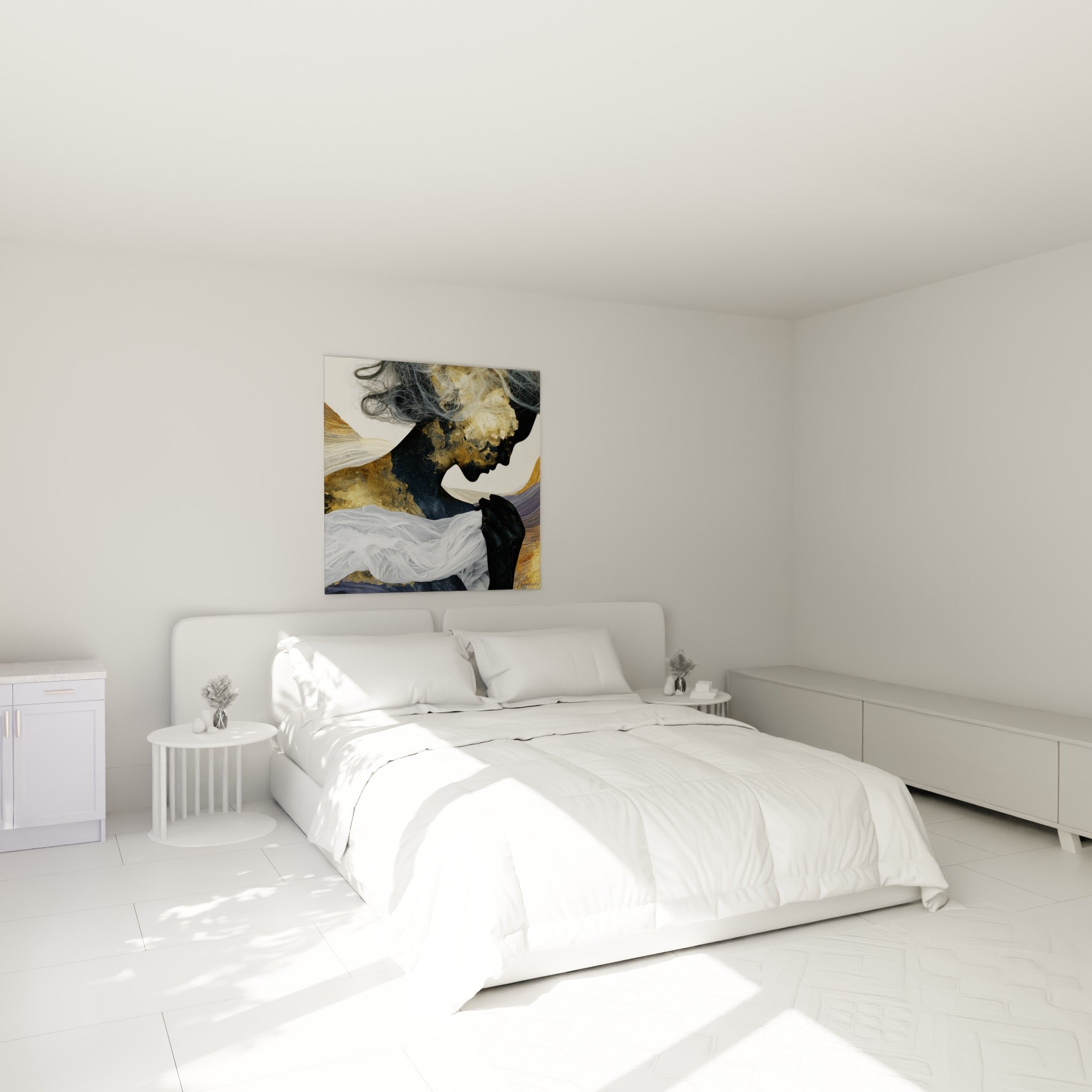 Profil noir et doré du Corps abstrait, voile blanc vaporeux, au-dessus d'un lit dans une chambre claire