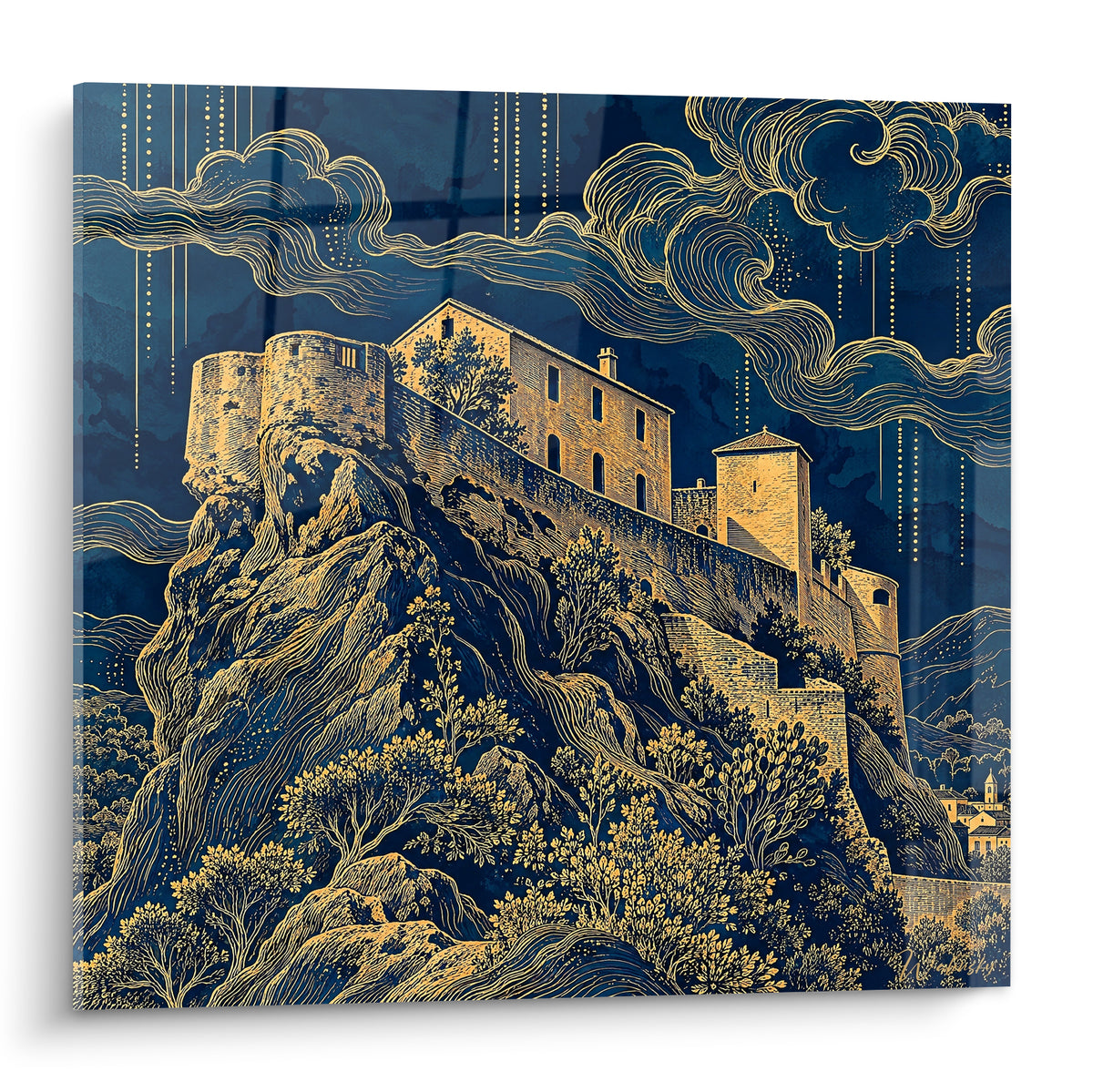 Citadelle corse dorée et bleu marine dressée sur un piton rocheux sous un ciel tourbillonnant