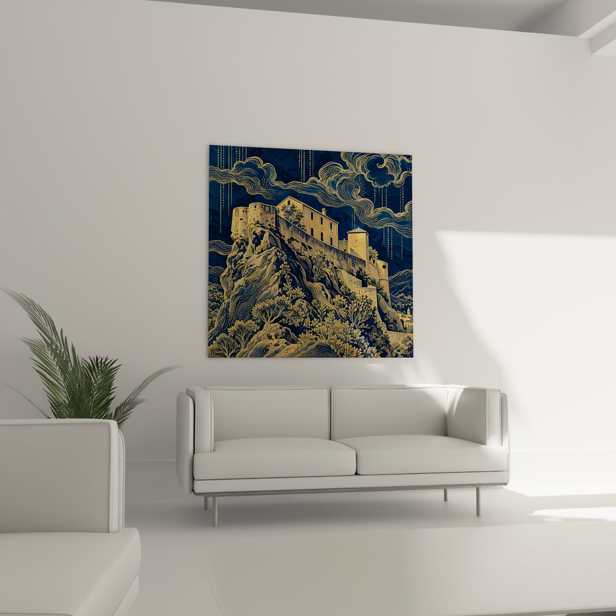 Remparts dorés et végétation stylisée sur fond bleu nuit, au-dessus d'un canapé dans un salon lumineux