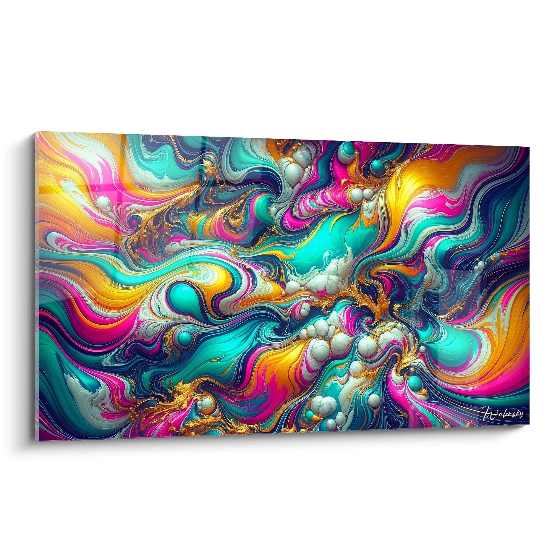 Tableau abstrait représentant des tourbillons de couleurs entrelacés. Palette vibrante mélangeant turquoise, rose fuchsia, jaune doré et bleu marine avec accents dorés. Texture fluide évoquant des flux liquides avec inclusions de sphères blanches et bleu clair. Composition dynamique avec mouvements spiralés et veines métalliques traversant les vagues colorées.
