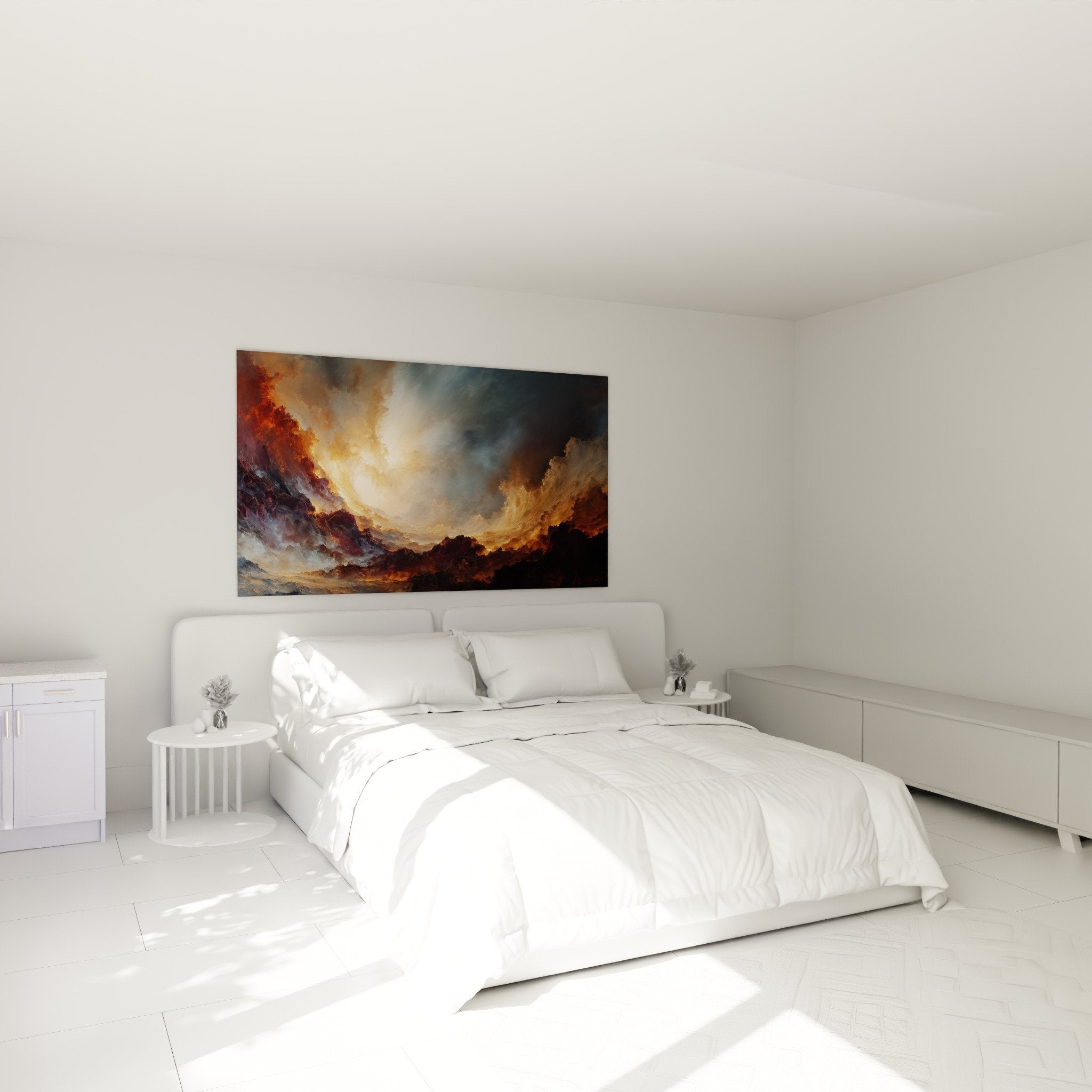 Kosmisches goldenes Gemälde Schlafzimmer Wanddekoration kupferfarbene Wolken warme Atmosphäre Feng Shui