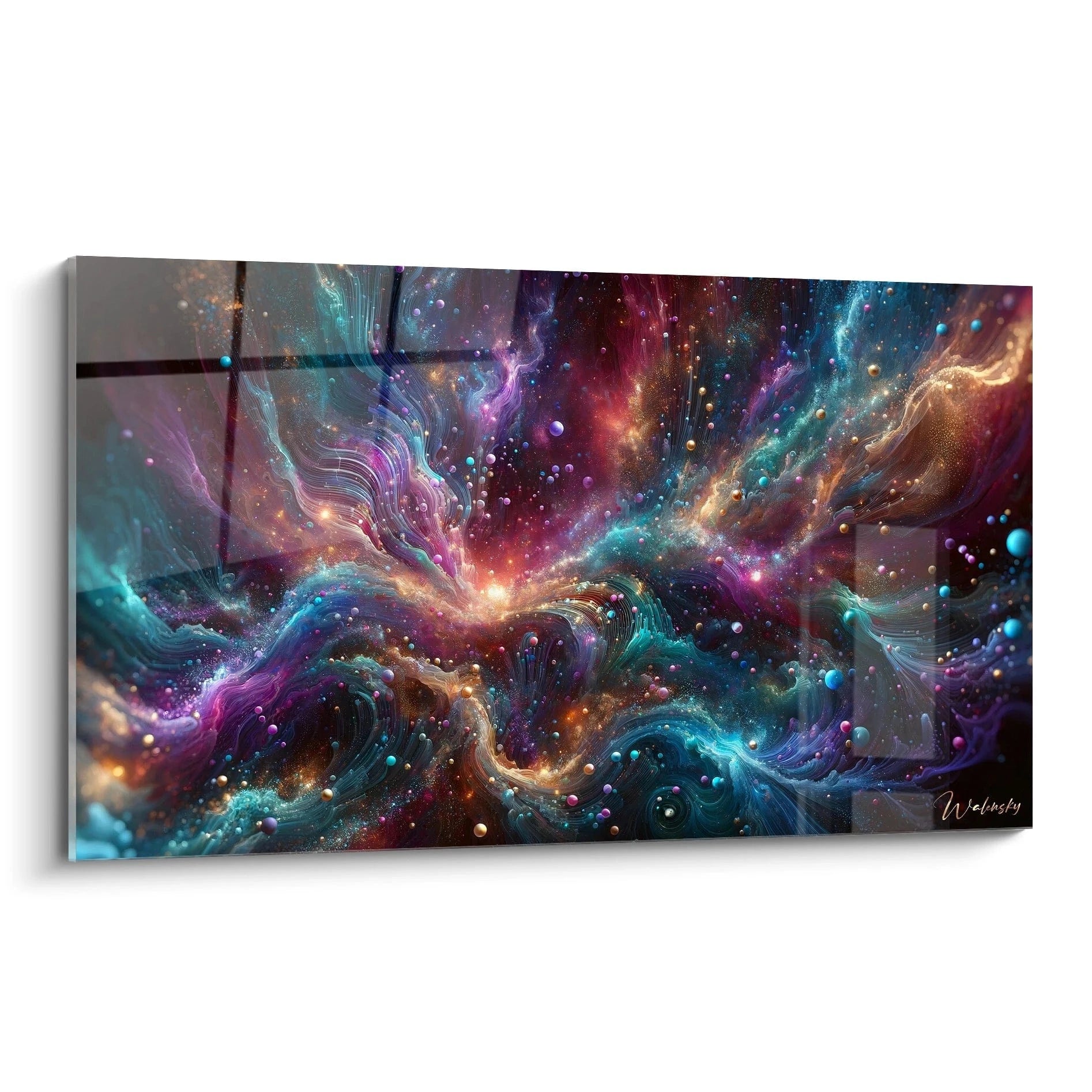 Tableau abstrait représentant un cosmos imaginaire aux couleurs vibrantes. Fond noir profond traversé de nébulosités turquoise, violettes et dorées. Texture complexe mêlant voiles gazeux, points lumineux et sphères colorées flottantes. Composition dynamique avec tourbillons et vagues lumineuses créant un effet de profondeur spatiale.
