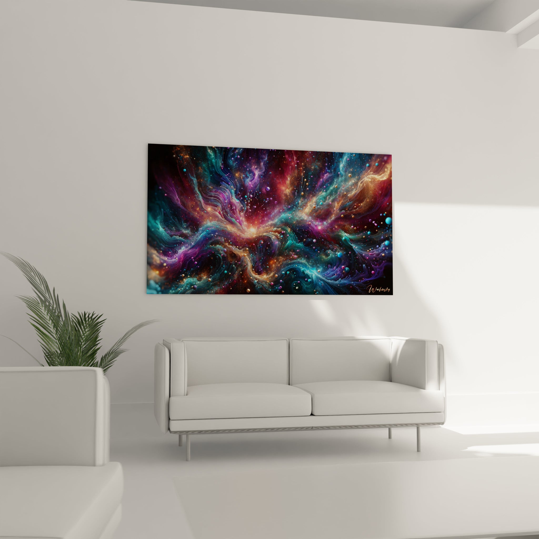 Tableau abstrait montrant une nébuleuse stylisée aux teintes vives. Spectre coloré de bleu-vert, violet, rose et orange doré avec points lumineux. Effet visuel combinant nuages cosmiques diffus et orbes translucides de différentes tailles. Composition centrée autour d'une explosion lumineuse avec ondes concentriques et tourbillons latéraux.
