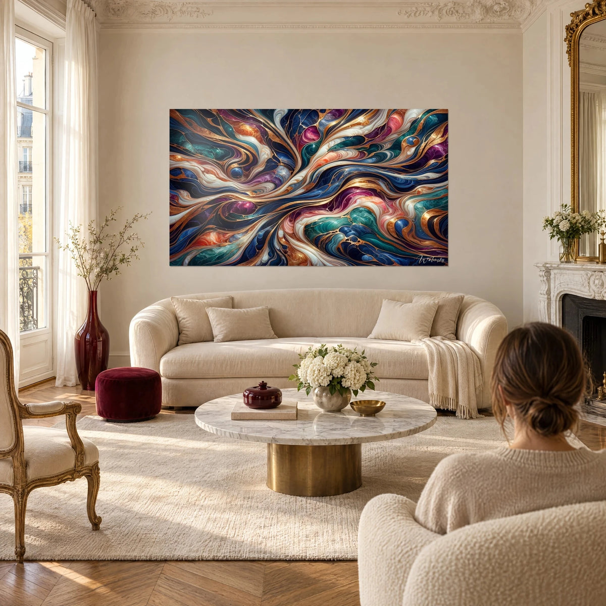 Gemälde mit marmorierten Voluten in Nachtblau und Goldkupfer, goldene Linien auf Perlmutt, über einem Sofa in einem hellen Wohnzimmer