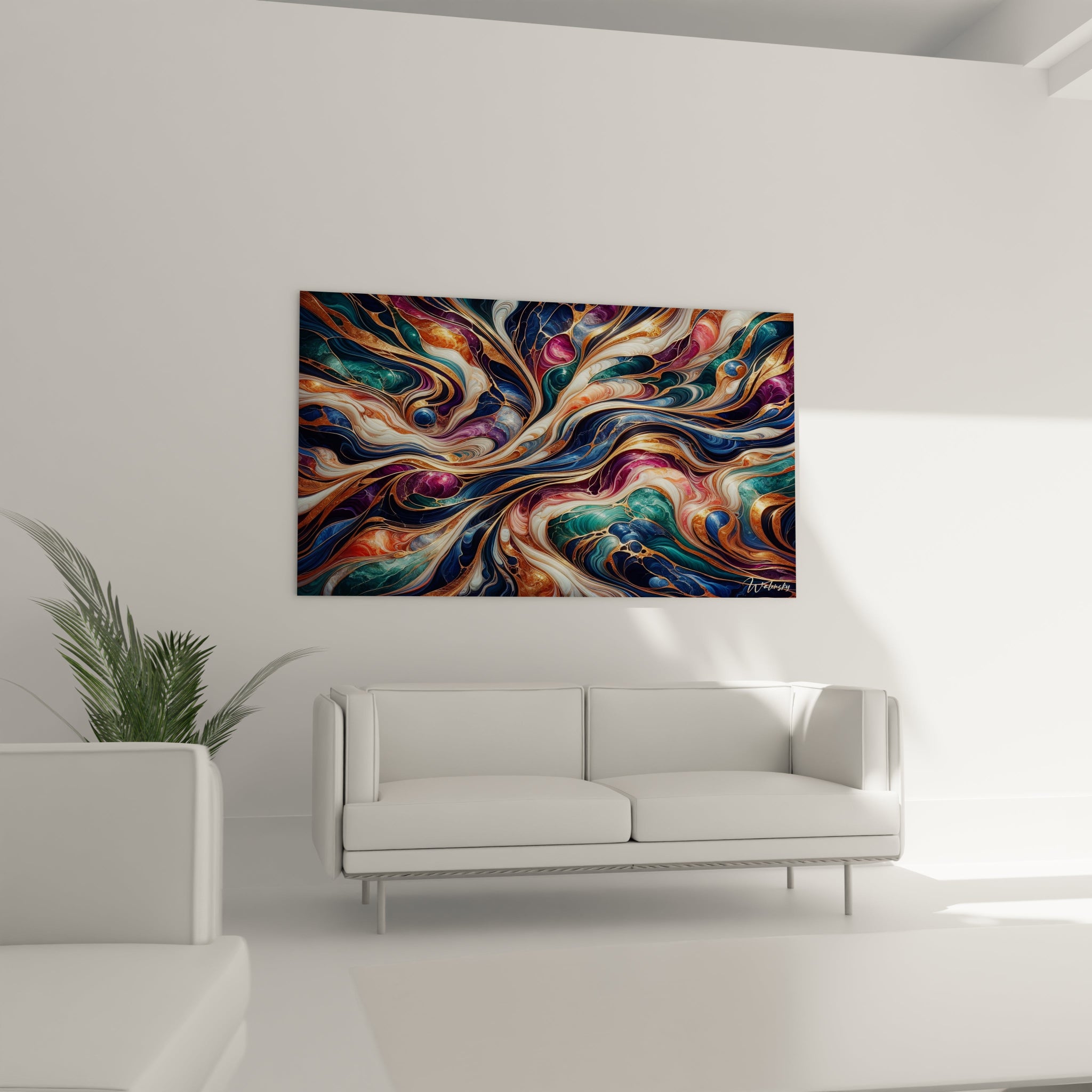 Tableau abstrait figurant un réseau de veines dorées encadrant des zones colorées tourbillonnantes. Dominantes de bleu profond, vert-de-gris, violet améthyste et blanc nacré avec bordures cuivrées. Effet visuel de fluides en mouvement avec strates marbrées et contours métalliques. Composition rayonnante avec lignes de force et poches colorées créant un rythme visuel complexe.
