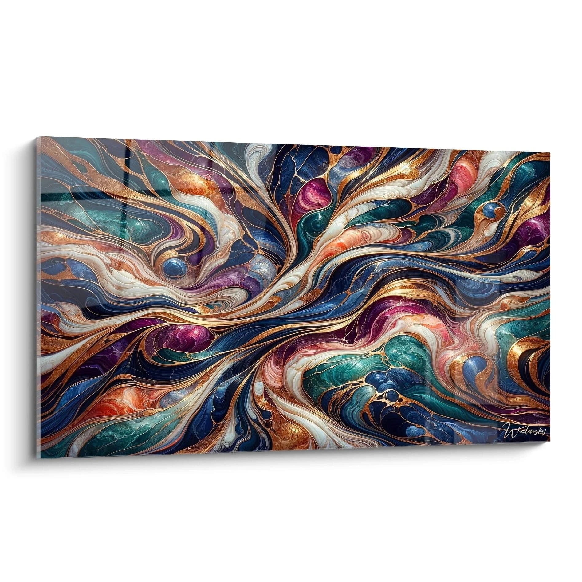 Tableau abstrait montrant des flux fluides entrelacés délimités par des lignes dorées. Palette riche de bleu marine, turquoise, violet, blanc crème et cuivre doré. Texture marbrée avec motifs tourbillonnants et veines métalliques. Composition dynamique avec mouvements centrifuges et cellules colorées encapsulées dans un réseau doré.

