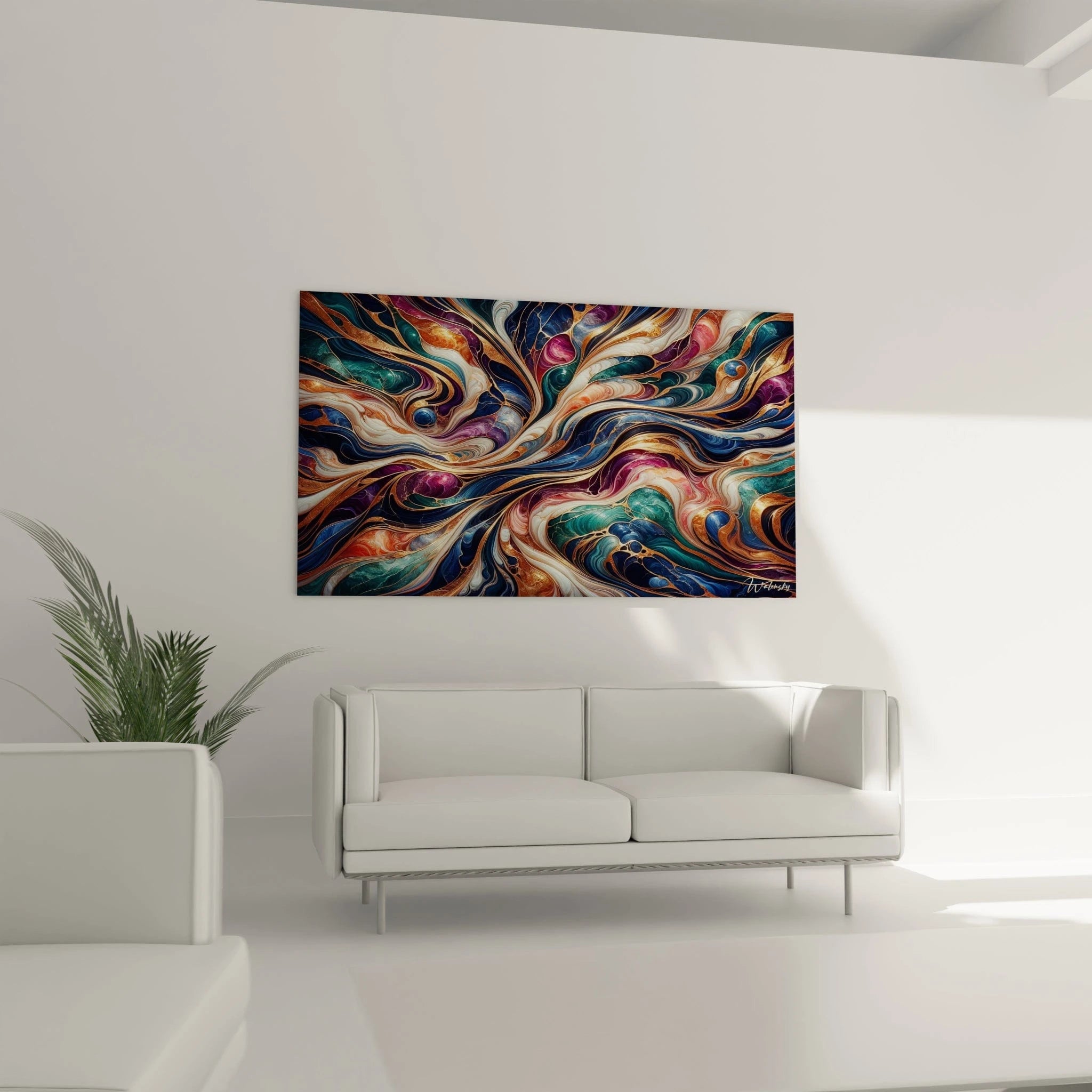 Tableau abstrait figurant un réseau de veines dorées encadrant des zones colorées tourbillonnantes. Dominantes de bleu profond, vert-de-gris, violet améthyste et blanc nacré avec bordures cuivrées. Effet visuel de fluides en mouvement avec strates marbrées et contours métalliques. Composition rayonnante avec lignes de force et poches colorées créant un rythme visuel complexe.
