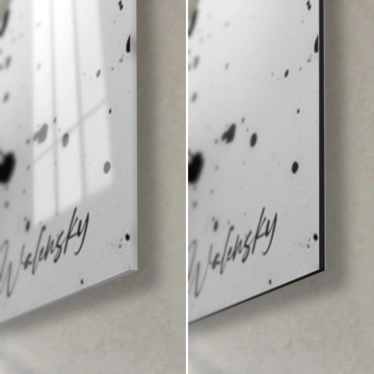 Gemälde Frauensilhouette mit Tintenflecken, untere rechte Ecke: glänzendes Glas mit Reflexen, mattweißes Dibond-Aluminium, schwarze Kante von 3 mm
