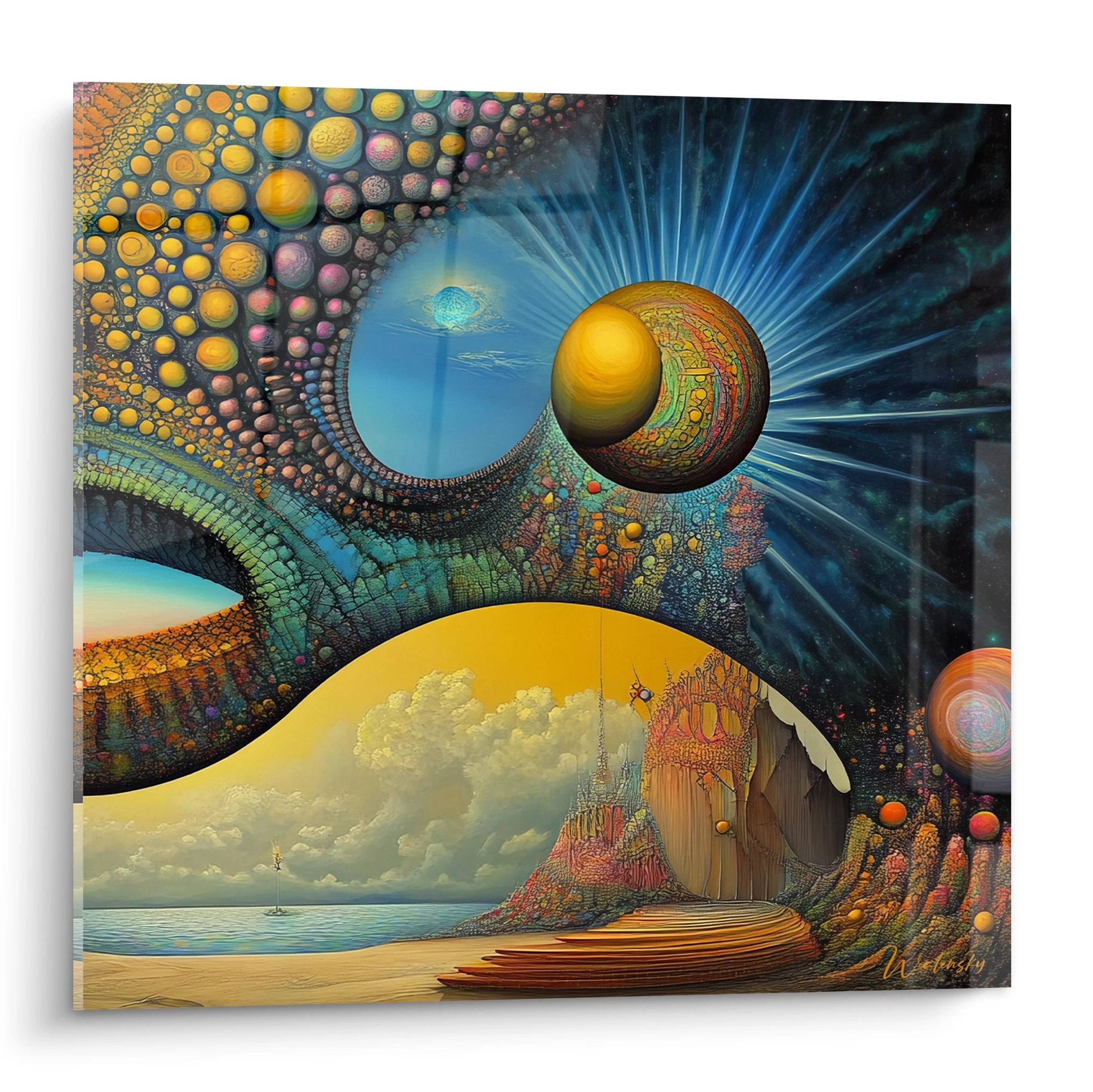 Tableau surréaliste cosmos mystique avec portail dimensionnel et sphères dorées flottantes