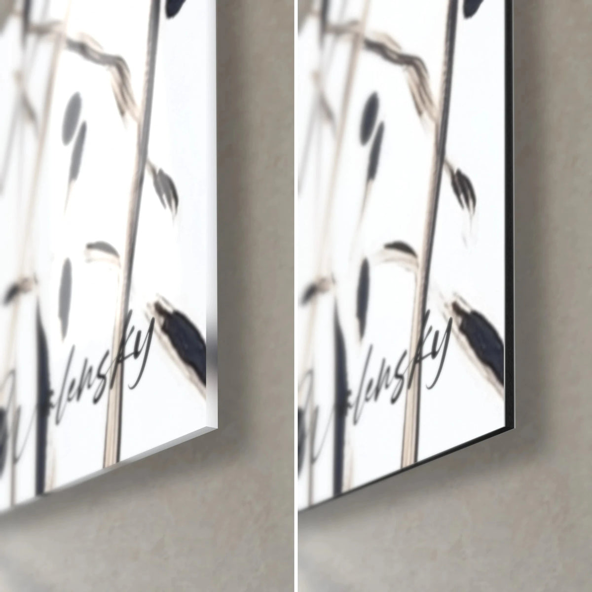 Gemälde mit schwarz-weißem botanischem Kosmos, untere rechte Ecke: links glänzendes Acrylglas, rechts matt Dibond-Aluminium, schwarze Kante von 3 mm