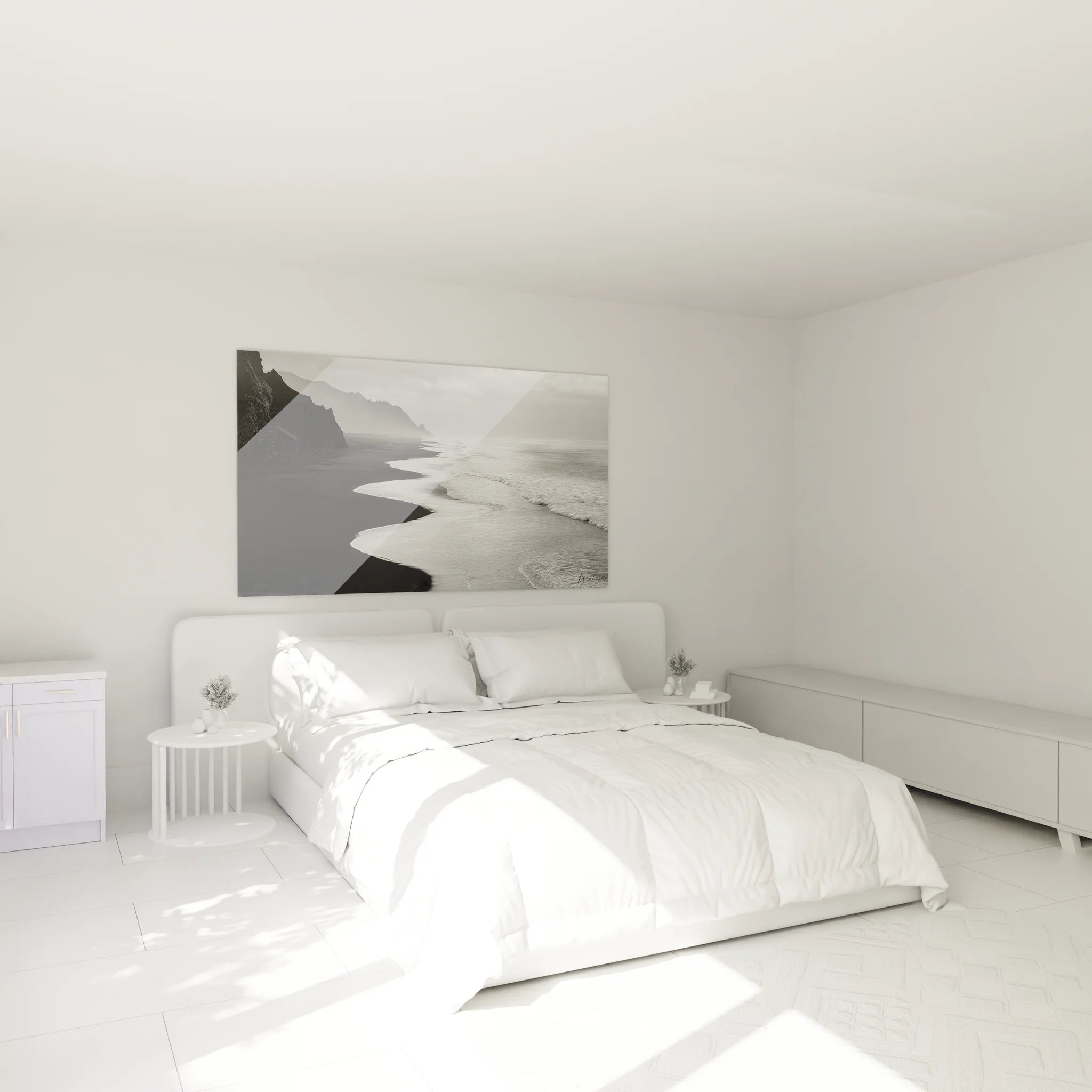 Ambiance chambre avec tableau paysage côte océanique noir blanc moderne déco murale