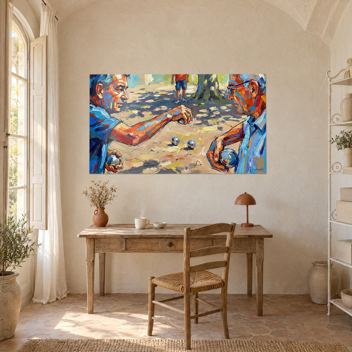 Tableau pointeur penché sur trois cochonnets d'argent, bleu outremer et rouille, au-dessus d'un bureau en bois clair