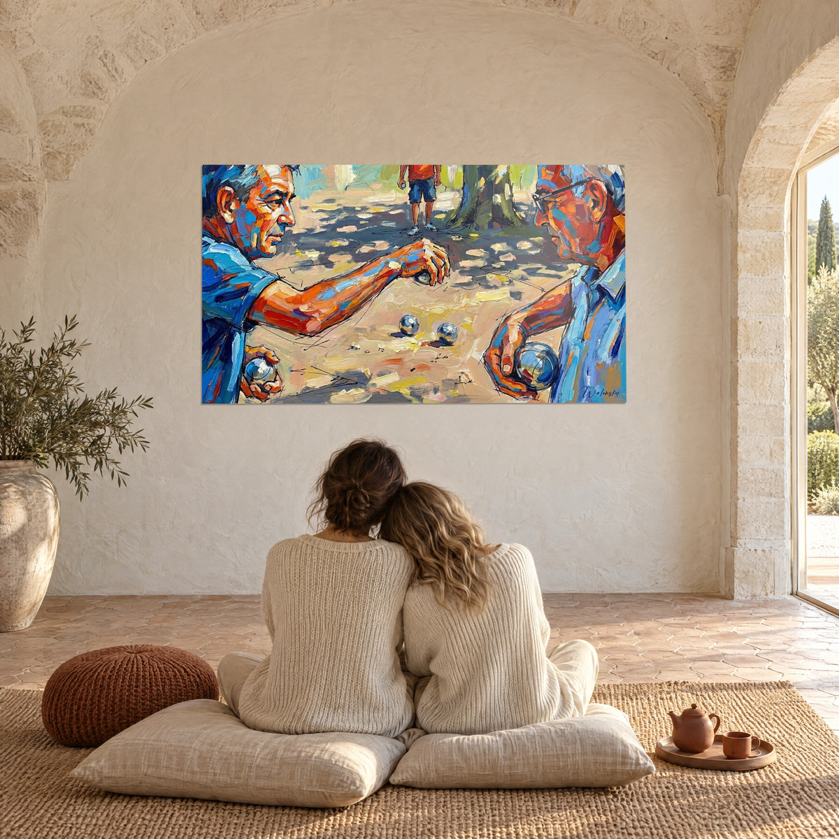 Tableau partie entre amis sous un platane, tons orange brûlé et bleu ciel, couple enlacé de dos sur des coussins