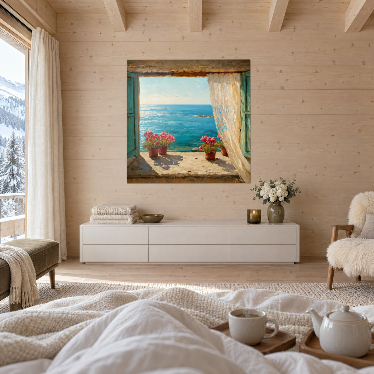 Gemälde Blick auf die Côte d'Azur durch einen ockerfarbenen Steinrahmen, azurblaues Meer und rosa Blüten, über einem Bett in einem hellen Schlafzimmer