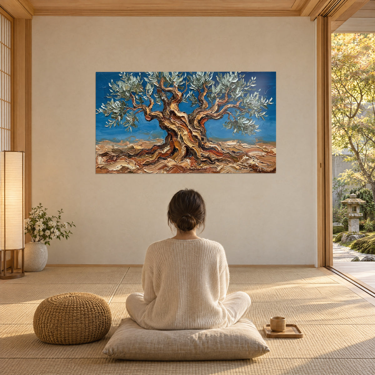 Tableau arbre méditerranéen aux racines tourmentées sable et caramel, ciel bleu intense, observé par une femme de dos assise sur un coussin au sol