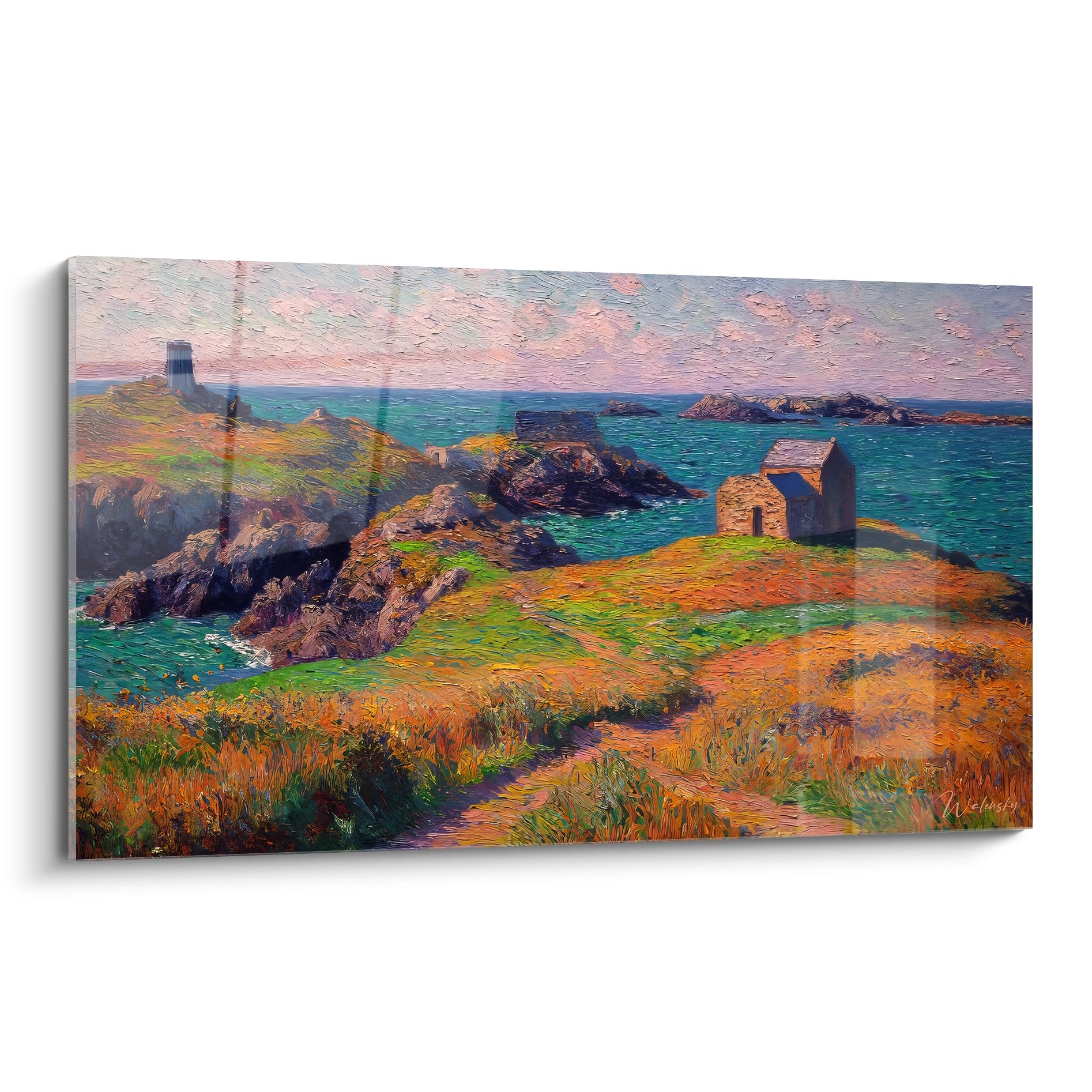 Tableau côte bretonne impressionniste avec maisons pierre et paysage maritime coloré