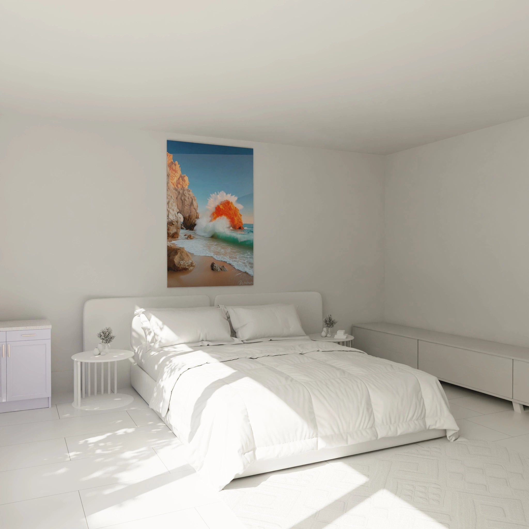 tableau mural paysage côtier Walensky accroché au dessus du lit dans une chambre minimaliste blanche