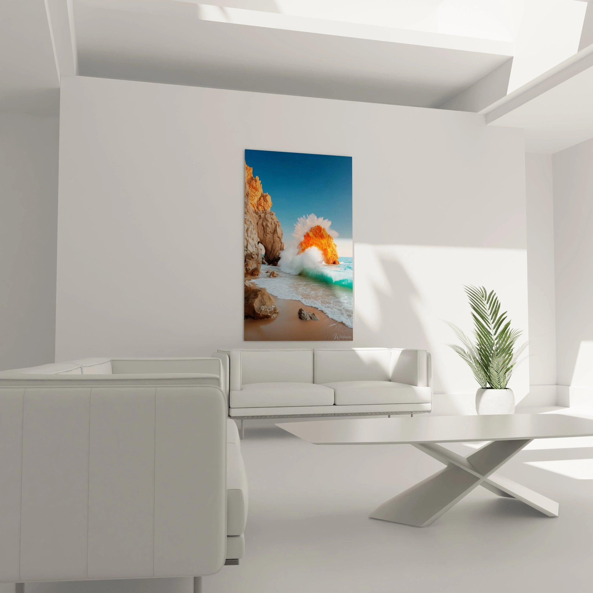 Walensky tableau mural paysage côtier avec falaise rocheuse vague éclaboussante ciel bleu accroché au salon minimaliste