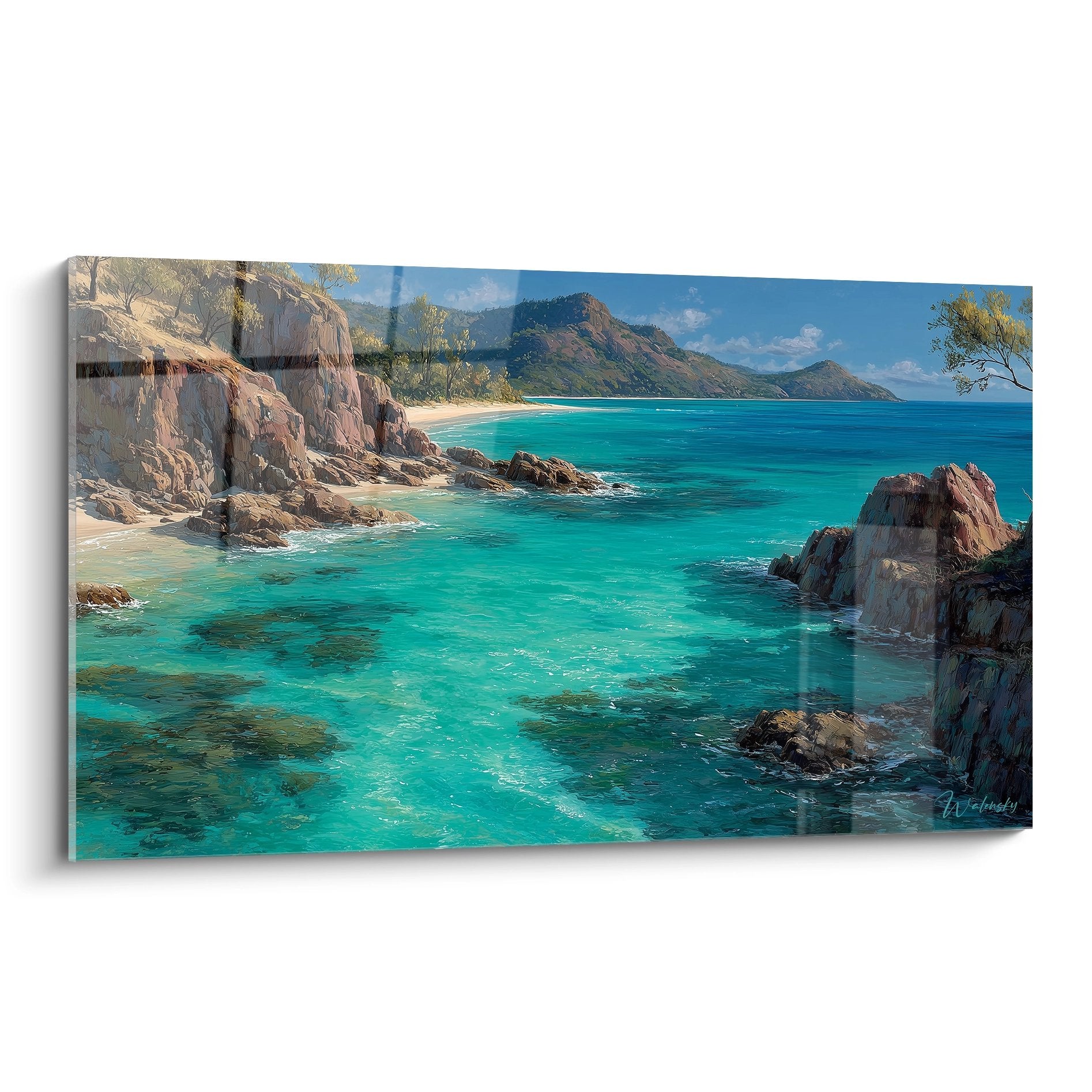 Tableau mural côte tropicale aux eaux turquoise avec rochers sculptés et plage paradisiaque